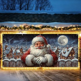 Christmas Garage Door Banner - 7x16 Ft Santa Claus and Snowy Village Holiday Decorations for Garage, Winter Wonderland, Christmas Decorations for Home Exterior, Outdoor Xmas Banner