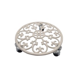 Comfy Hour Rustic Style Collection Cast Iron Plant Trolley Flowerpot Holder, with Heavy Duty Super Strong Industrial Strength Iron Wheels, White