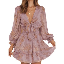 AlvaQ Womens Floral Print Long Sleeve A Line Ruffle Short Dress Summer V Neck Knot Front Swing Sundress Pink Fashion Small