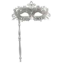 WILOVCOS Womens Masquerade Mask with Stick, Handheld Mardi Gras Mask,Venetian Party Masks (Silver)