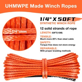 WROUGH 1/4 in x 50 ft Synthetic Winch Rope with Protecting Sleeve and Thimble, 10,000 lb Break Strength - Heavy Duty Winch Rope for ATV, UTV, Boat Trailer, Jeep, Quad, Polaris, Winch Cable (Orange)