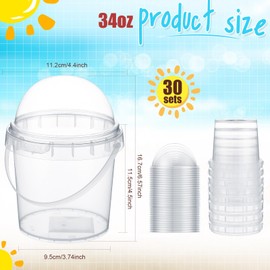 30 Pack 34 oz Clear Plastic Cups with Dome Lids No Hole, Jumbo Disposable Dessert Bowls Buckets with Handles for Fruit Salads Popcorn Parfait Cupcake Bakery Catering Party Supplies