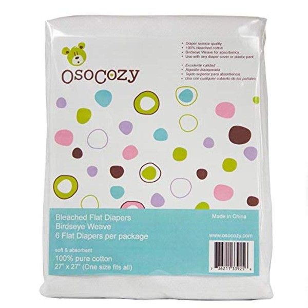 OsoCozy Bleached Birdseye Flat Cloth Diapers (6 Pack) - 27 x 27 Inches, One-Layer Flat Cloth Baby Nappies Made of Soft, Durable 100% Birdseye Weave Cotton