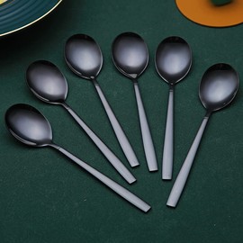Black Dinner Spoons 6 Pieces, Kyraton 19cm Stainless Steel Titanium Plating Black Table Spoons, Dessert Spoons, Cutlery Spoons Set, Dishwasher Safe.