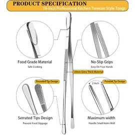 JETKONG 16-Inch Kitchen Tweezers Fine Tweezer Tongs Extra-Long Stainless Steel Cooking Tweezers (Point-Tips)