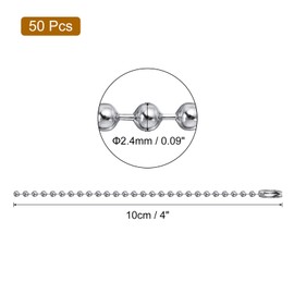HARFINGTON 50pcs Ball Beads Chain 4 Inch 2.4mm Diameter Stainless Steel Dog Tag Keychain Ball Connector Clasp for Jewelry Making Necklace DIY Crafts, Silver Tone