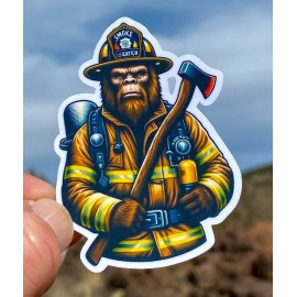 Handmade 3" Bigfoot Firefighter In Bunker Gear Sticker, Decal, Ax, Helmet,First Responder
