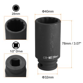 HARFINGTON 2Pcs 12-Point Deep Impact Socket 1/2 Inch Drive 28mm Metric Chrome Molybdenum Alloy Steel Spindle Axle Nut Impact Socket