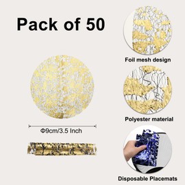 sourcing map 50pcs Disposable Placemats, 3.5 Inch Foil Metallic Place Mats Mesh Pressed Table Doilies, Table Centerpiece Decor for Wedding Party, Black Gold