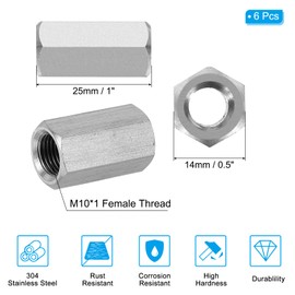 PATIKIL M10 x 1-Pitch 304 Stainless Steel Hex Coupling Nuts, 6Pcs 25mm/ 1" Length Fully Threaded Rod Coupling Nut Studding Connector Fasteners, Silver Tone