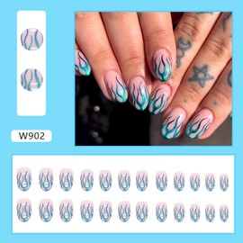 Flame Press on Nails Short Oval Fake Nails Blue Green Gradient Aurora Flame Designs False Nails Full Cover Stick on Nails Acrylic Artificial Nails Glue on Nails for Women Nail Art Decorations 24Pcs