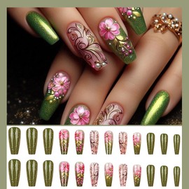 Flower Press on Nails Medium Coffin Fake Nails Spring Glue on Nails Pink Flower Stick on Nails Green Artificial False Nails Glossy Full Cover Acrylic Nails Reusable Nails Kit for Women Girl 24Pcs