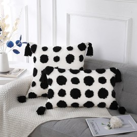 PANOD Super Soft Farmhouse Decorative Plush Throw Pillow Covers 16 x 16 Black,Solid Pom pom Tufted with Tassels Modern Accent Boho Square Cushion Cover Pillow Case for Couch Sofa