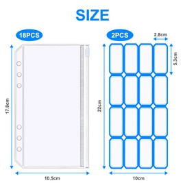 Vicloon A6 Zipper Binder Pockets, 18Pcs Plastic Binder Zipper Folders Loose Leaf Bags with 2 Sheets Removable Label Stickers Money-Saving Cash Envelopes Document Organizer Binder (Transparent)