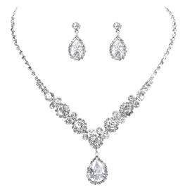 COCIDE Bride Jewelry Set Silver Crystal Wedding Necklace Earrings Bridal Rhinestone Teardrop Pendant Accessories for Women and Bridesmaids (3 piece set - 2 earrings and 1 necklace)