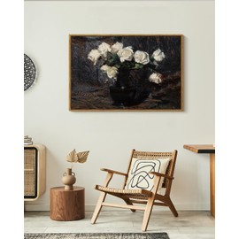 VIYYIEA Framed Canvas Wall Art Home Decor Vintage Botanical Print White Roses in Vase Rustic Farmhouse Flower Wall Decor Mid Century Pictures Decor Art Prints Floral Room Decor for Living Room 24x36in