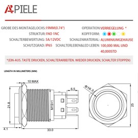 APIELE 19 mm Locking Pressure Switch 12 VDC 5 A, Aluminium Alloy with LED Ring Lighting, Waterproof Latch Push Button Switch, Car RV Truck Boat On/Off Button Switch (Green)
