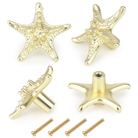 Brosay Starfish Knobs Coastal Cabinet Knob and Pulls Beach Cabinet Pulls Ocean Theme Knobs and Pulls for Furniture Drawer Dresser Cupboard Door Handles 4Pcs(Gold)