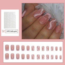 French False Nails,Pink Coffin False Nails, 24PCS Square French Press on Nails with Jelly Glue,Acrylic Full Cover Nails Women Girls Nail Art Accessories (Soft Pink White Stripes, One Size)