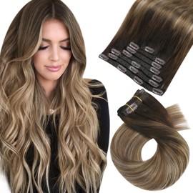 Moresoo Clip in Hair Extensions Real Human Hair Balayage Real Hair Extensions Clip in Human Hair Dark Brown to Golden Brown with Golden Blonde Clip in Exensions 24 Inch 7 Pieces/120g #4/10/16