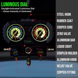 Lichamp AC R134A Gauge Set, Automotive Manifold Gauge Compatible with R32 R134A and R410 Refrigerants, Works on Car Freon Charging and Evacuation