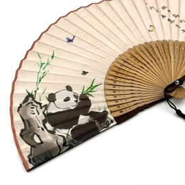 Eastern Wind Pack of 2 Silk Fan Hand Fans with Gift Bag, Bamboo Fans with Flying Goddess and Panda Motifs