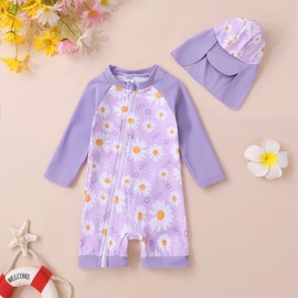 Toddler Baby Girls Swimsuit One-Piece Zipper Swimwear UPF 50+ Sun Protection Bathing Suit with Hat Purple