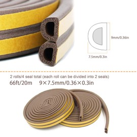 KELIIYO Door Weather Stripping, Window Seal Strip for Doors and Windows- Self-adhisive Foam Weather Strip Door Seal | Soundproof Seal Strip for Cracks and Gaps Epdm D Type (20m) 2 Pack (Brown)