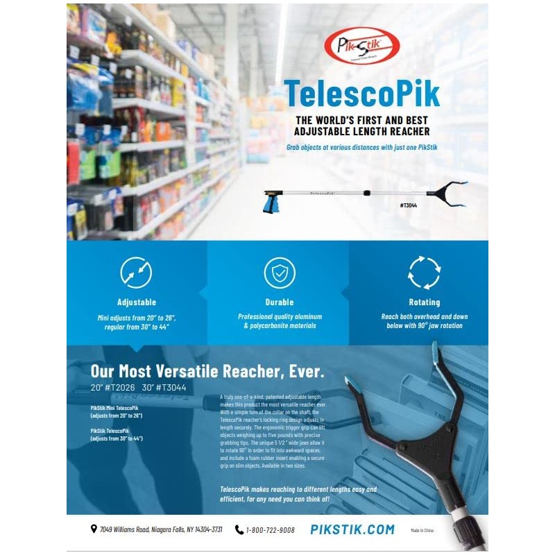 PikStik T-2026, Mini TelescoPik Adjustable Length Reacher, Wide 5.5” Jaw,