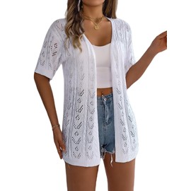 Spicy Sandia Women's Short Sleeve Crochet Cardigan Sweater for Summer Lightweight Dressy Casual Open Front Boho White L