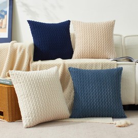 Kevin Textile Throw Pillow Covers Pack of 4 Spring Super Soft Boho Corduroy Decorative Pillow Covers Cases Solid Color Plush Texture Throw Pillows for Sofa Couch Chair 18x18 Inch, Blue