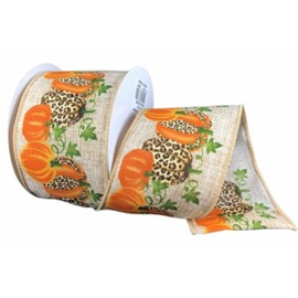 Jascotina, 2.5" Natural Linen Cheetah Pumpkin Ribbon: Orange (10 Yards) - Fall Gift Wrapping Wired Ribbon