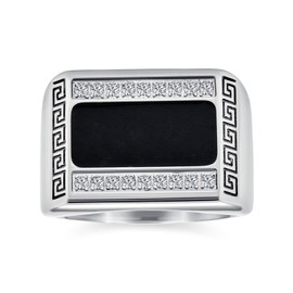 Bling Jewelry Personalize Geometric Pave CZ Accent Cubic Zirconia Men's Rectangle Signet Statement Greek Key Design Band Ring for Men Black Enamel Stainless Steel