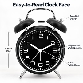 4 Inch Twin Bell Alarm Clock with Metal Frame – Loud Battery Operated Desk Clock with 3D Dial & Backlight for Home Office