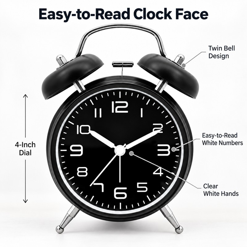 4 Inch Twin Bell Alarm Clock with Metal Frame –