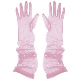 Aniler Women's 21'' Tulle Long Wedding Bridal Elbow Length Sheer Opera Party Gloves (Pink Pearl, 21" Length)
