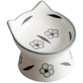 Dexypaws: Elevated Ceramic Cat Bowl - Floral White & Black - 7oz, Pet Feeding Dish, Meals, Food & Water, Ergonomic Height, Stylish, Shallow& Raised