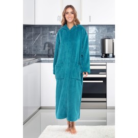 Alexander Del Rossa Fleece Zip Up Robes for Women with Zippered Front, Hooded Zipper Robes for Women, Womens Long Robe Turquoise 3X (A0476ODP3X)