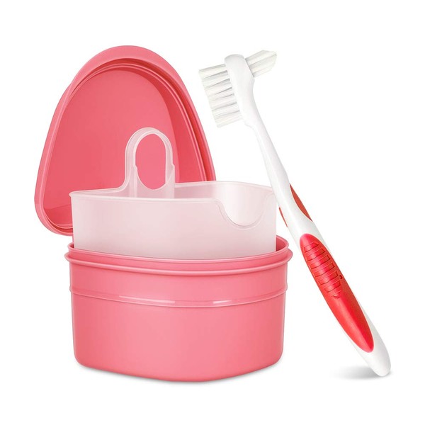 Y-Kelin Denture Bath Box And Denture Brush Denture&Retainer Set Cleaner (pink)