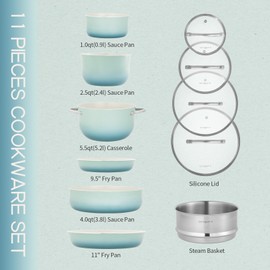 ONGIFT Kitchen Pots and Pans Set Non Stick, 11 Pieces Cookware Set Ceramic Nonstick Coated, Scratch-Resistant, PFAS, PFOA Free, Oven Safe, Rapidly & Evenly Heats, Enamel Exterior Cooking Set - Teal