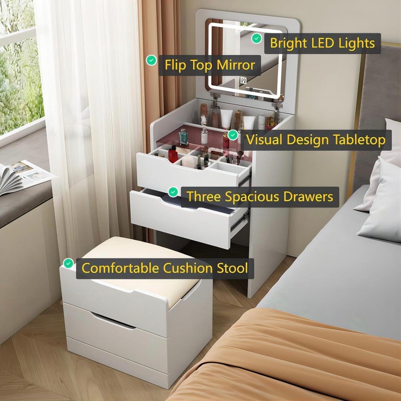 SonkYog Vanity Desk & Nightstand Combo - Flip Top Mirror,