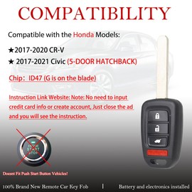 MechanMagic Key Fob Remote Replacement Fits for Honda CRV 2017-2020/Civic (5-DOOR HATCHBACK) 2017-2021 MLBHLIK61TA Keyless Entry Remote Control 4 Button Head Key 35118-TLA-A00 35118-TGG-A00(Pack of 1)