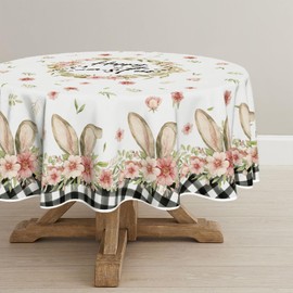 Horaldaily Easter Tablecloth 70x70 Inch Round, Spring Flower Buffalo Plaid Bunny Ear Table Cover for Party Picnic Dinner Decor