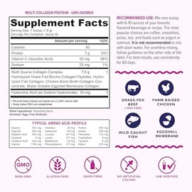 Multi Collagen Peptides Powder for Women and Men - Instant Dissolving Grass Fed Hydrolyzed Drink Mix for Beautiful Hair Skin and Nails with Hyaluronic Acid and Vitamin C | Unflavored 30 Servings