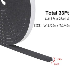 Weather Stripping Door Seal Strip for Doors and Windows, Foam Insulation Tape Self Adhesive,Sound Proof,Weatherstrip,Pipe Cooling, Air Conditioning Seal Strip (W:1/2In xT: 1/4In XL: 33Ft)
