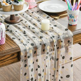 Artoid Mode Black and Golden Polka Dots Beige Gauze Table Runner 120 Inch 10FT, Seasonal Sheer Chiffon Cheesecloth Dining Holiday Birthday Table Decor for Home Party