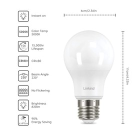 Linkind 13.7 W Super Bright E27 LED Bulb, Replaces 100 Watt, 5000 K Daylight White A60 LED Bulb 1600 LM, 220° Beam Angle, Not Dimmable, Pack of 6