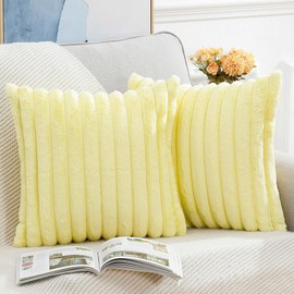 MADIZZ Set of 2 Faux Wool Plush Decorative Throw Pillow Covers 18x18 Inch Yellow Fluffy Striped Soft Decorative Cushion Cover for Sofa Bedroom Pillow Shell