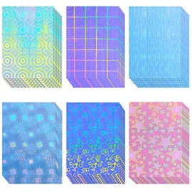 36 Sheets Holographic Sticker Paper Clear A4 Vinyl Sticker Paper Self Adhesive Waterproof Transparent Film Gem Rainbow Star Patterns, 11.7 x 8.3 Inch (Line,Lattice,Firework,Gear,Flower,Pentagram)