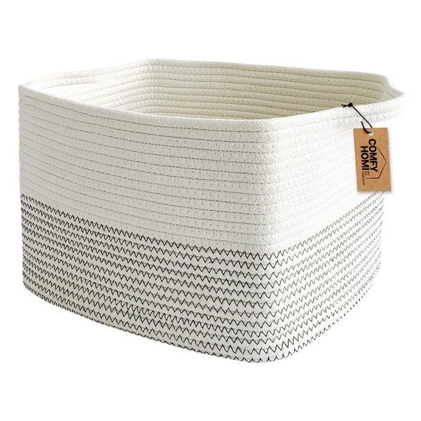 COMFY-HOMI White Rectangle Cotton Rope Woven Basket With Handles for Cloth, Toy, Magazines, Blanket Storage Bin for Baby Nursery Cube Bin, Decorative Square Basket for Baby Room 13.5" x 11" x 9.5"